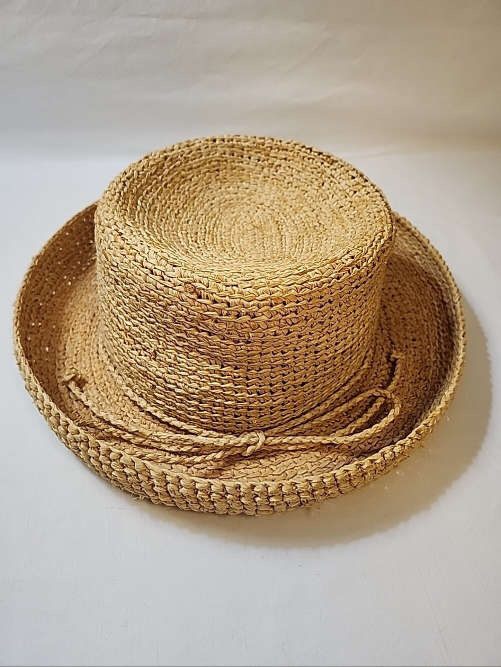Scala Women's Crocheted Raffia Hat w Drawstring One Size Rolled Brim Crushable